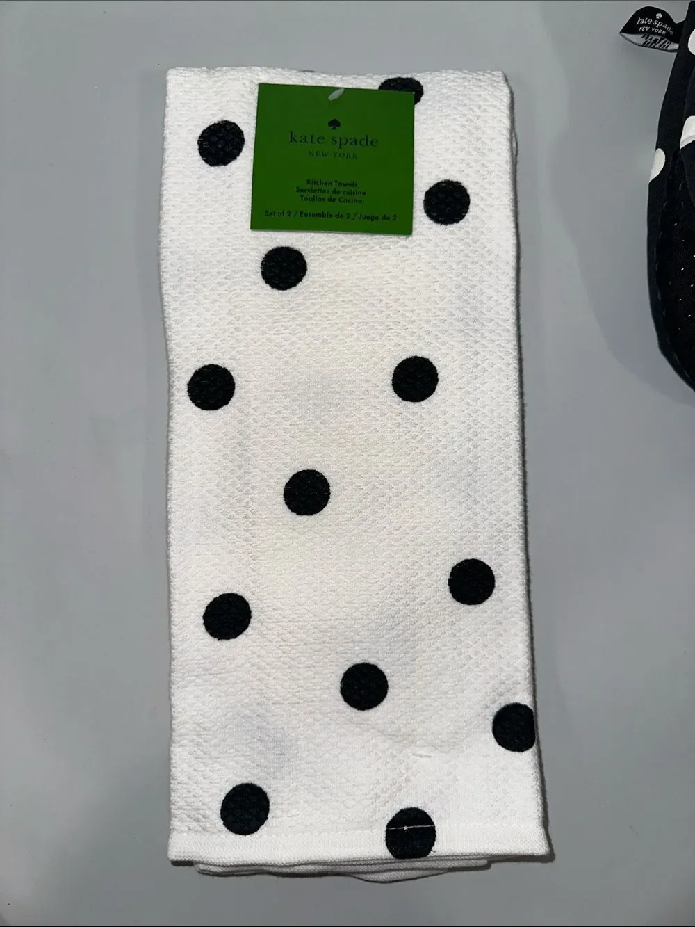 kate spade White Black Large Polka Dot Cotton Kitchen Towels & Mitt Set